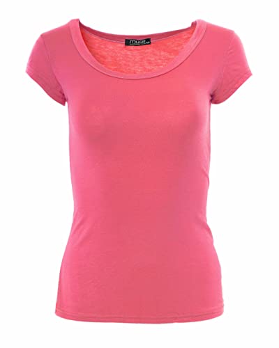 Easy Young Fashion - Damen Basic Rundhals T-Shirt - Kurzarm Unterziehshirt Skinny Fit 1001 - Melone L von Easy Young Fashion