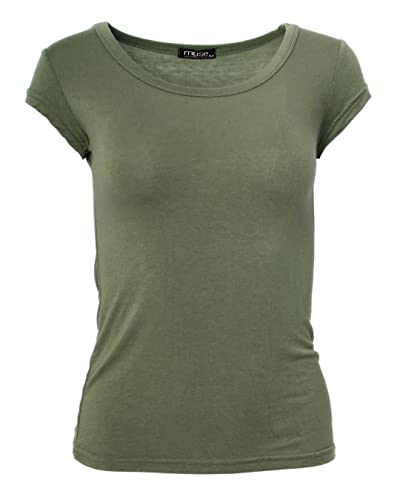 Easy Young Fashion - Damen Basic Rundhals T-Shirt - Kurzarm Unterziehshirt Skinny Fit 1001 - Olive L von Easy Young Fashion