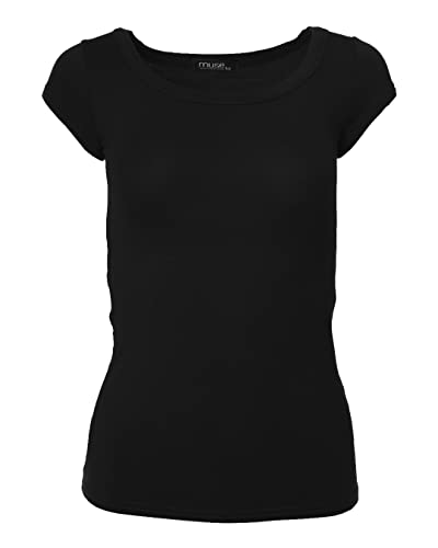 Easy Young Fashion - Damen Basic Rundhals T-Shirt - Kurzarm Unterziehshirt Skinny Fit 1001 - Schwarz S von Easy Young Fashion