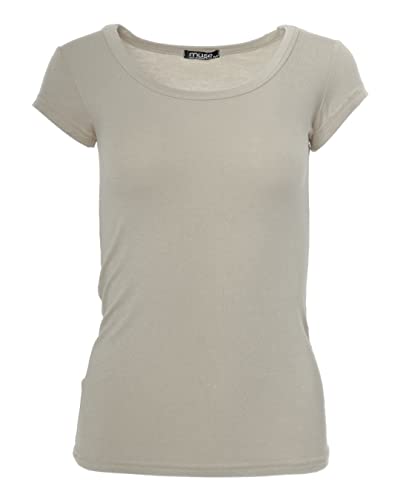 Easy Young Fashion - Damen Basic Rundhals T-Shirt - Kurzarm Unterziehshirt Skinny Fit 1001 - Taupe L von Easy Young Fashion