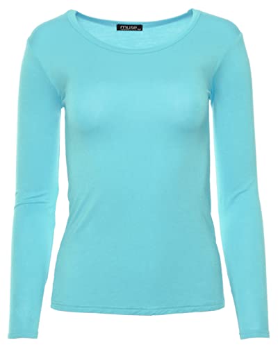 Easy Young Fashion - Damen Basic Rundhals Shirt - Langarm Unterziehshirt - Skinny Fit 1093 - Cyan L von Easy Young Fashion