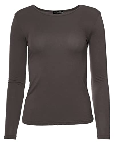 Easy Young Fashion - Damen Basic Rundhals Shirt - Langarm Unterziehshirt - Skinny Fit 1093 - Espresso L von Easy Young Fashion