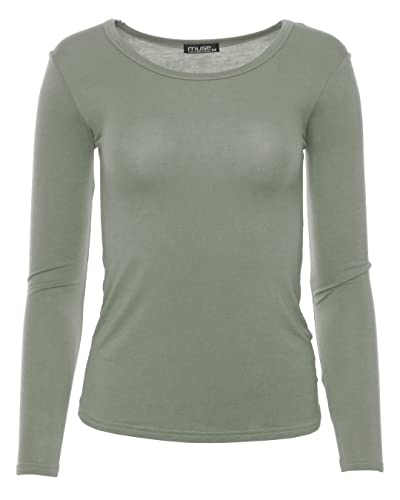 Easy Young Fashion - Damen Basic Rundhals Shirt - Langarm Unterziehshirt - Skinny Fit 1093 - Khaki M von Easy Young Fashion