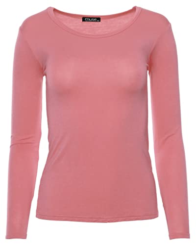 EYF - Damen Basic Rundhals Langarmshirt - langarm Unterziehshirt Skinny Fit 1093 - Pfirsichrosa M von Easy Young Fashion