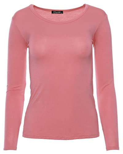EYF - Damen Basic Rundhals Langarmshirt - Langarm Unterziehshirt Skinny Fit 1093 - Pfirsichrosa M von Easy Young Fashion