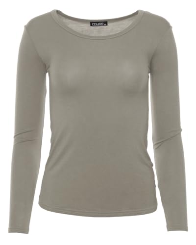 Easy Young Fashion - Damen Basic Rundhals Shirt - Langarm Unterziehshirt - Skinny Fit 1093 - Taupe L von Easy Young Fashion