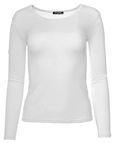 Easy Young Fashion - Damen Basic Rundhals Shirt - Langarm Unterziehshirt - Skinny Fit 1093 - Weiß L von Easy Young Fashion