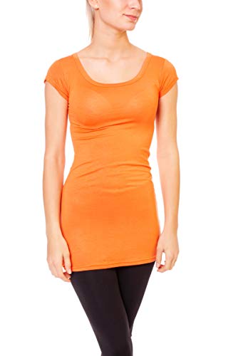 Easy Young Fashion - Damen Basic T-Shirt - langes Kurzarm Longshirt - Rundhals Longsleeve - Unterziehhemd Skinny Fit 1002 - Orange S von Easy Young Fashion