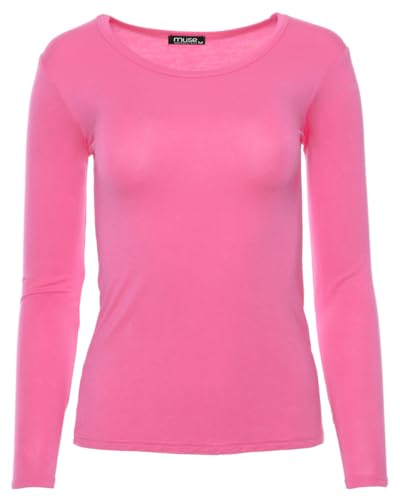 Easy Young Fashion - Damen Basic Rundhals Shirt - Langarm Unterziehshirt - Skinny Fit 1093 - Pink L von Easy Young Fashion