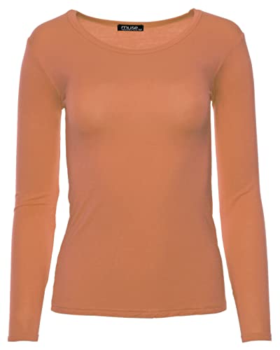 Easy Young Fashion - Damen Basic Rundhals Shirt - Langarm Unterziehshirt - Skinny Fit 1093 - Papaya L von Easy Young Fashion