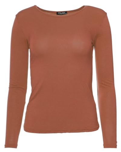 Easy Young Fashion - Damen Basic Rundhals Shirt - Langarm Unterziehshirt - Skinny Fit 1093 - Terracotta L von Easy Young Fashion