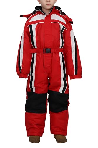 EYF - Kinder Schneeanzug unisex - winddichter Skianzug - warm atmungsaktiv - abnehmbare Kapuze K100 - Schwarz-Rot M2 128 von Easy Young Fashion