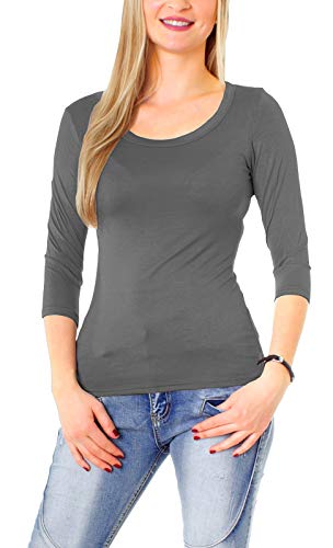 Easy Young Fashion - Damen Basic 3/4 Halbarm Shirt - elastisches Langarm Unterziehshirt - Longsleeve Rundhals - Skinny Fit 1073 - Dunkelgrau S von Easy Young Fashion