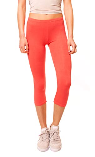 Easy Young Fashion - Damen Basic Capri Leggings - elastische 3/4 Baumwoll Viskose Stretch Hose 1077 - OneSize (Koralle) von Easy Young Fashion