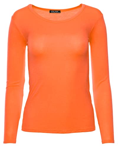 Easy Young Fashion - Damen Basic Rundhals Shirt - Langarm Unterziehshirt - Skinny Fit 1093 - Orange M von Easy Young Fashion