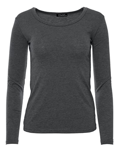 Easy Young Fashion - Damen Basic Rundhals Shirt - Langarm Unterziehshirt - Skinny Fit 1093 - Dunkelgrau meliert M von Easy Young Fashion