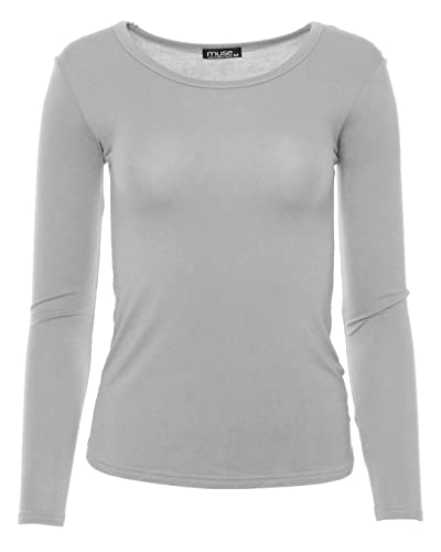 Easy Young Fashion - Damen Basic Rundhals Shirt - Langarm Unterziehshirt - Skinny Fit 1093 - Hellgrau S von Easy Young Fashion