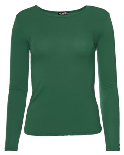 Easy Young Fashion - Damen Basic Rundhals Shirt - Langarm Unterziehshirt - Skinny Fit 1093 - Grün L von Easy Young Fashion