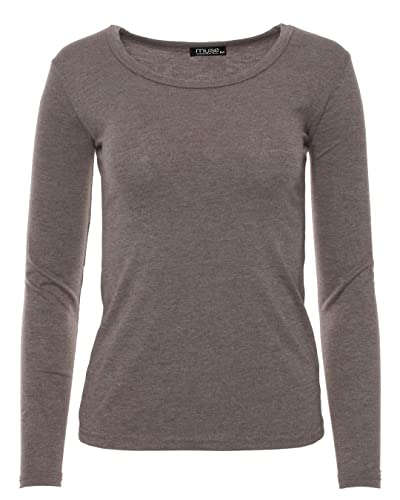 Easy Young Fashion - Damen Basic Rundhals Shirt - Langarm Unterziehshirt - Skinny Fit 1093 - Braun meliert L von Easy Young Fashion