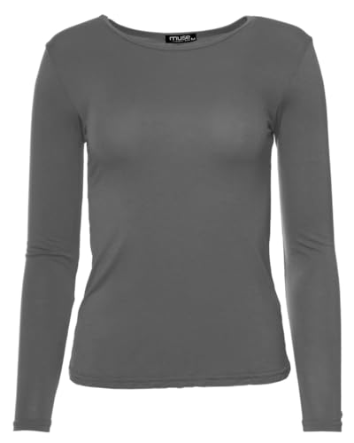Easy Young Fashion - Damen Basic Rundhals Shirt - Langarm Unterziehshirt - Skinny Fit 1093 - Dunkelgrau S von Easy Young Fashion