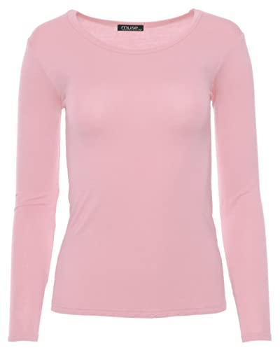 Easy Young Fashion - Damen Basic Rundhals Shirt - Langarm Unterziehshirt - Skinny Fit 1093 - Hellrosa L von Easy Young Fashion