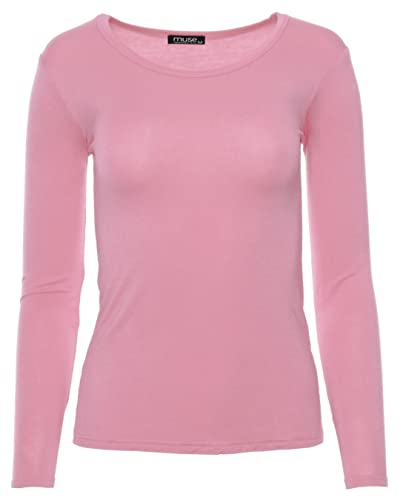 Easy Young Fashion - Damen Basic Rundhals Shirt - Langarm Unterziehshirt - Skinny Fit 1093 - Rosa L von Easy Young Fashion