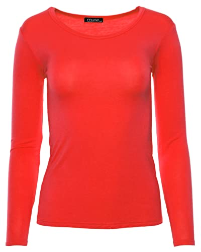 Easy Young Fashion - Damen Basic Rundhals Shirt - Langarm Unterziehshirt - Skinny Fit 1093 - Rot M von Easy Young Fashion