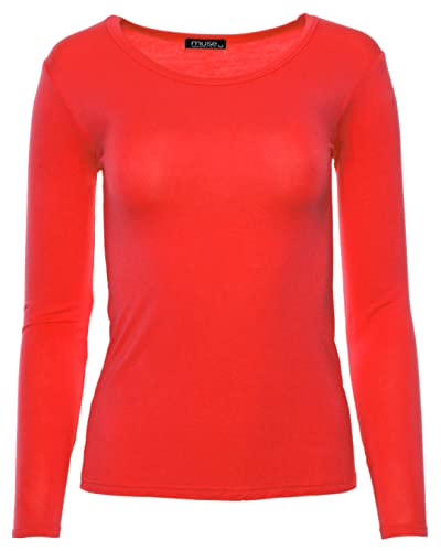 Easy Young Fashion - Damen Basic Rundhals Shirt - Langarm Unterziehshirt - Skinny Fit 1093 - Rot XL von Easy Young Fashion