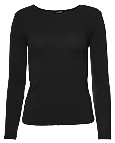 Easy Young Fashion - Damen Basic Rundhals Shirt - Langarm Unterziehshirt - Skinny Fit 1093 - Schwarz M von Easy Young Fashion