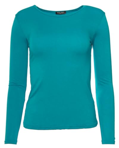 Easy Young Fashion - Damen Basic Rundhals Shirt - Langarm Unterziehshirt - Skinny Fit 1093 - Tealblue L von Easy Young Fashion