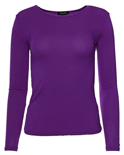 Easy Young Fashion - Damen Basic Rundhals Shirt - Langarm Unterziehshirt - Skinny Fit 1093 - Violett L von Easy Young Fashion