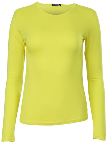 Easy Young Fashion - Damen Basic Rundhals Shirt - Langarm Unterziehshirt - Skinny Fit 1093 - Zitronengelb L von Easy Young Fashion