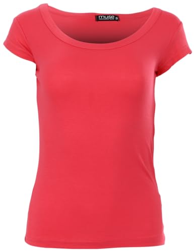 Easy Young Fashion - Damen Basic Rundhals T-Shirt - Kurzarm Unterziehshirt Skinny Fit 1001 - Erdbeerrot S von Easy Young Fashion