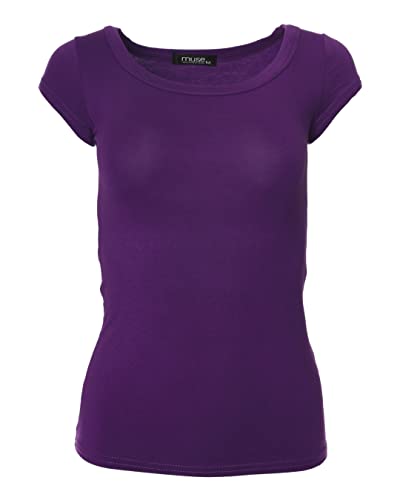 Easy Young Fashion - Damen Basic Rundhals T-Shirt - Kurzarm Unterziehshirt Skinny Fit 1001 - Violett M von Easy Young Fashion