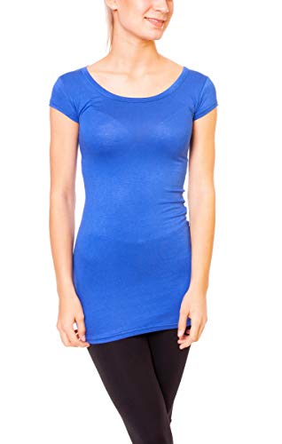 Easy Young Fashion - Damen Basic T-Shirt - langes Kurzarm Longshirt - Rundhals Longsleeve - Unterziehhemd Skinny Fit 1002 - Blau M von Easy Young Fashion