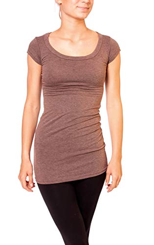 Easy Young Fashion - Damen Basic T-Shirt - langes Kurzarm Longshirt - Rundhals Longsleeve - Unterziehhemd Skinny Fit 1002 - Braun meliert S von Easy Young Fashion