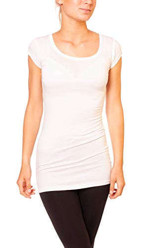 Easy Young Fashion - Damen Basic T-Shirt - langes Kurzarm Longshirt - Rundhals Longsleeve - Unterziehhemd Skinny Fit 1002 - Creme S von Easy Young Fashion