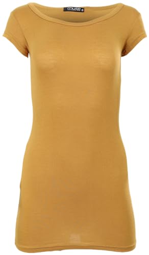 Easy Young Fashion - Damen Basic T-Shirt - langes Kurzarm Longshirt - Rundhals Longsleeve - Unterziehhemd Skinny Fit 1002 - Curry L von Easy Young Fashion