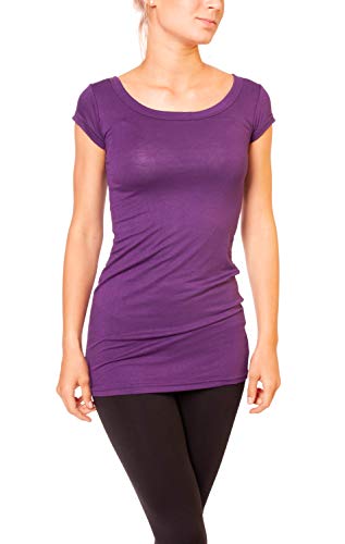 Easy Young Fashion - Damen Basic T-Shirt - langes Kurzarm Longshirt - Rundhals Longsleeve - Unterziehhemd Skinny Fit 1002 - Dunkel Violett S von Easy Young Fashion