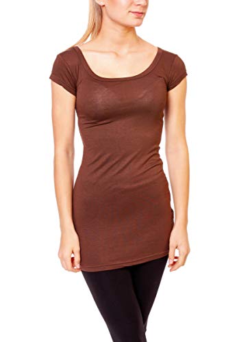 Easy Young Fashion - Damen Basic T-Shirt - langes Kurzarm Longshirt - Rundhals Longsleeve - Unterziehhemd Skinny Fit 1002 - Dunkelbraun L von Easy Young Fashion