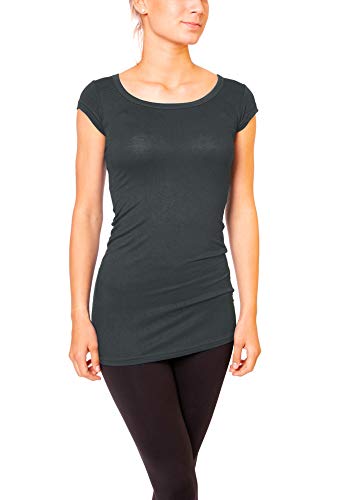 Easy Young Fashion - Damen Basic T-Shirt - langes Kurzarm Longshirt - Rundhals Longsleeve - Unterziehhemd Skinny Fit 1002 - Dunkelgrau M von Easy Young Fashion