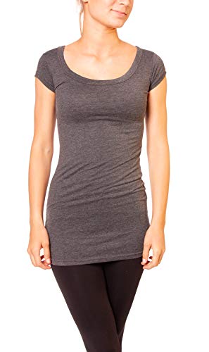 Easy Young Fashion - Damen Basic T-Shirt - langes Kurzarm Longshirt - Rundhals Longsleeve - Unterziehhemd Skinny Fit 1002 - Dunkelgrau meliert M von Easy Young Fashion