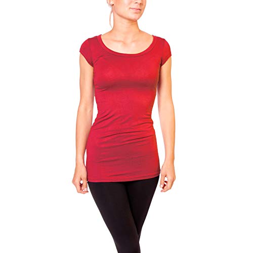 Easy Young Fashion - Damen Basic T-Shirt - langes Kurzarm Longshirt - Rundhals Longsleeve - Unterziehhemd Skinny Fit 1002 - Dunkelrot M von Easy Young Fashion