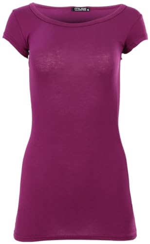 Easy Young Fashion - Damen Basic T-Shirt - langes Kurzarm Longshirt - Rundhals Longsleeve - Unterziehhemd Skinny Fit 1002 - Dunkle Beere L von Easy Young Fashion