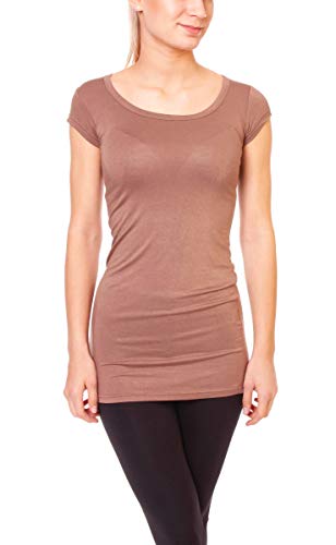 Easy Young Fashion - Damen Basic T-Shirt - langes Kurzarm Longshirt - Rundhals Longsleeve - Unterziehhemd Skinny Fit 1002 - Hellbraun M von Easy Young Fashion