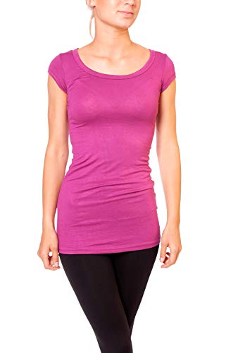 Easy Young Fashion - Damen Basic T-Shirt - langes Kurzarm Longshirt - Rundhals Longsleeve - Unterziehhemd Skinny Fit 1002 - Helle Beere M von Easy Young Fashion