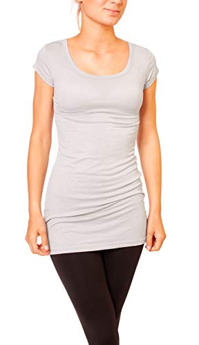 Easy Young Fashion - Damen Basic T-Shirt - langes Kurzarm Longshirt - Rundhals Longsleeve - Unterziehhemd Skinny Fit 1002 - Hellgrau S von Easy Young Fashion