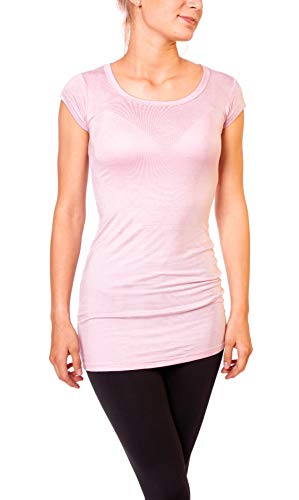 Easy Young Fashion - Damen Basic T-Shirt - langes Kurzarm Longshirt - Rundhals Longsleeve - Unterziehhemd Skinny Fit 1002 - Hellrosa L von Easy Young Fashion