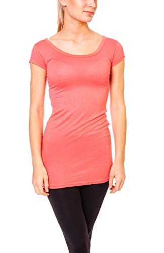 Easy Young Fashion - Damen Basic T-Shirt - langes Kurzarm Longshirt - Rundhals Longsleeve - Unterziehhemd Skinny Fit 1002 - Koralle M von Easy Young Fashion