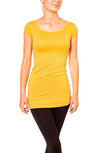 Easy Young Fashion - Damen Basic T-Shirt - langes Kurzarm Longshirt - Rundhals Longsleeve - Unterziehhemd Skinny Fit 1002 - Maisgelb M von Easy Young Fashion